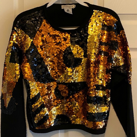 Vintage Semplice Sequin Metallic Front Design Black Wool Cropped Sweater EUC Med - Picture 1 of 16